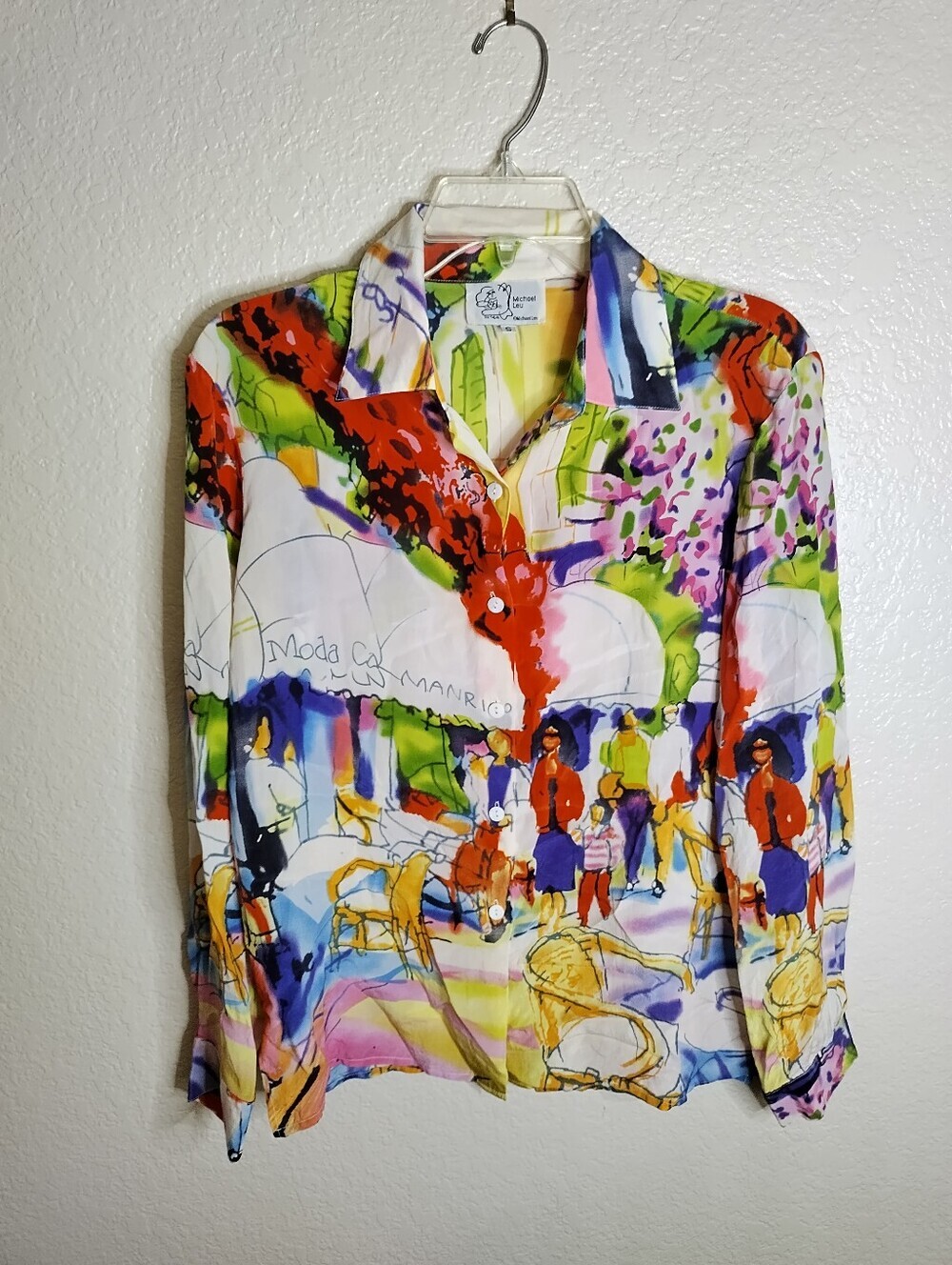 Michael Leu Silk French Paris Cafe Expressionist Watercolor Blouse Shirt Sz S